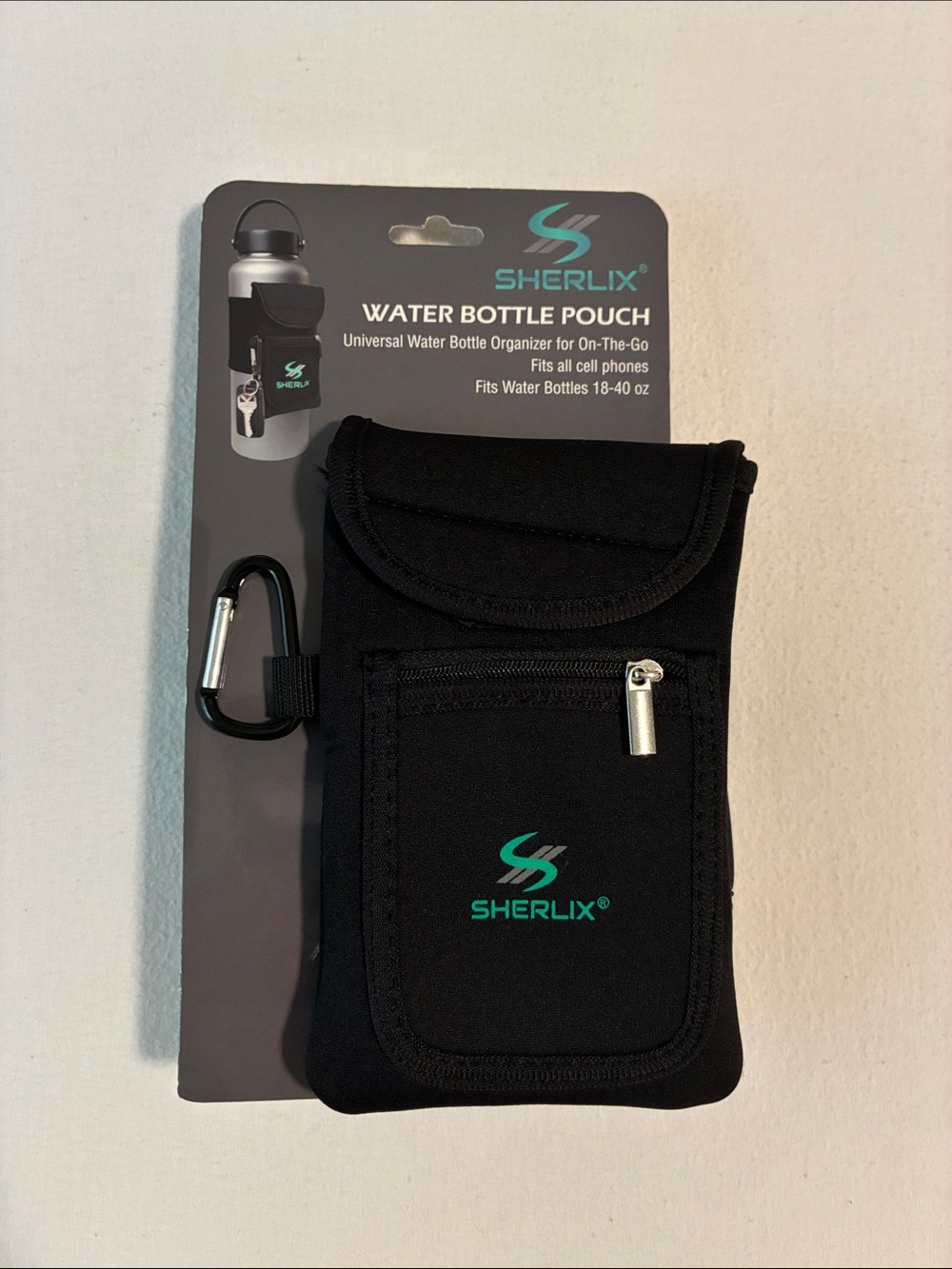 Black Water Bottle Pouch with Phone Pocket
